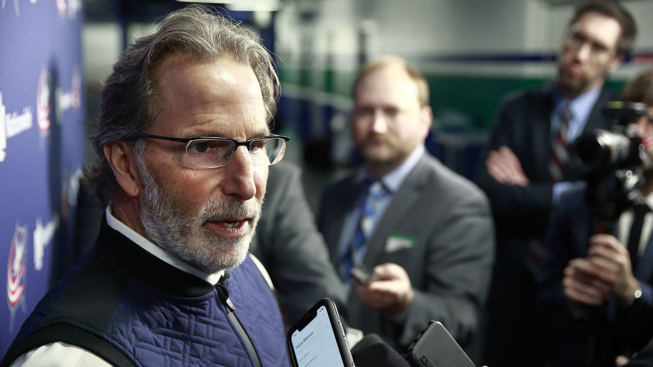 VANCOUVER, BC - MARCH 8: Head coach John Tortorella of the Columbus Blue Jackets talks to media before their NHL game against the Vancouver Canucks at Rogers Arena March 8, 2020 in Vancouver, British Columbia, Canada.