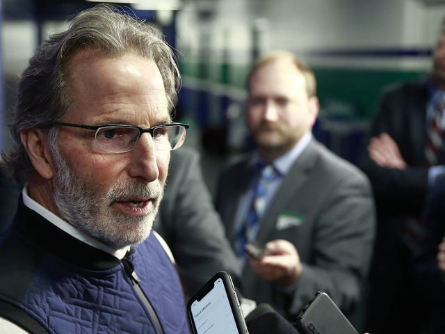 VANCOUVER, BC - MARCH 8: Head coach John Tortorella of the Columbus Blue Jackets talks to media before their NHL game against the Vancouver Canucks at Rogers Arena March 8, 2020 in Vancouver, British Columbia, Canada.