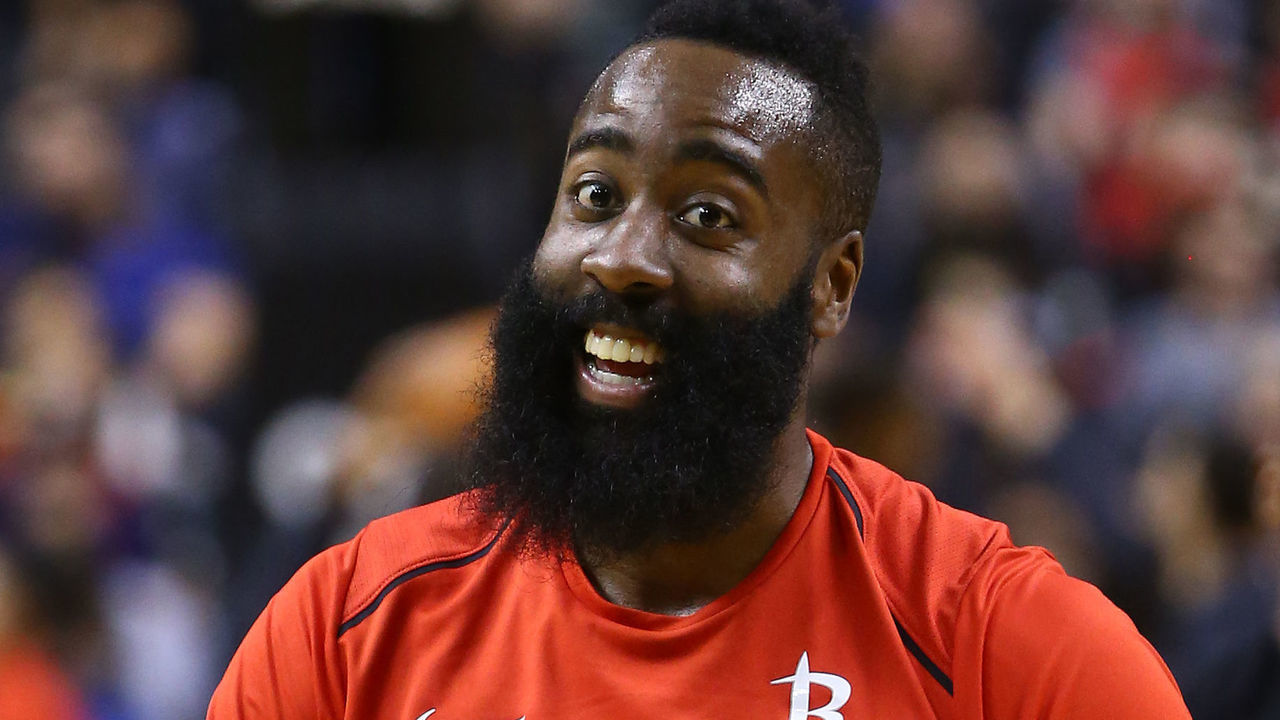 TORONTO, ON - MARCH 9: James Harden #13 of the Houston Rockets laughs during warm up, prior to the first half of an NBA game against the Toronto Raptors at Air Canada Centre on March 9, 2018 in Toronto, Canada.