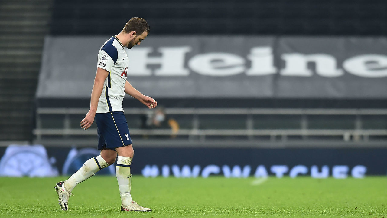 Tottenham Hotspur's Harry Kane appears dejected after the Premier League match at the Tottenham Hotspur Stadium, London.