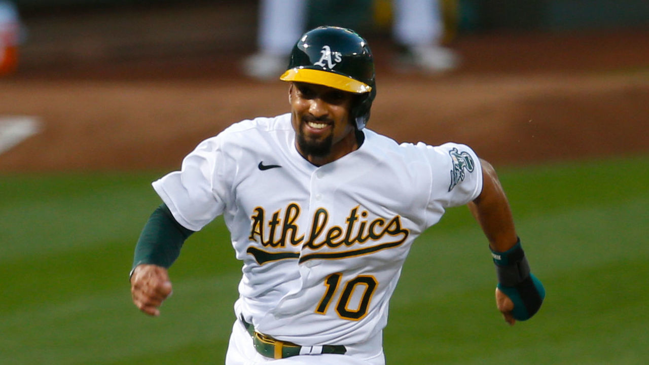 OAKLAND, CA - SEPTEMBER 18: Marcus Semien #10 of the Oakland Athletics runs the bases during the game against the San Francisco Giants at RingCentral Coliseum on September 18, 2020 in Oakland, California. The Athletics defeated the Giants 6-0.