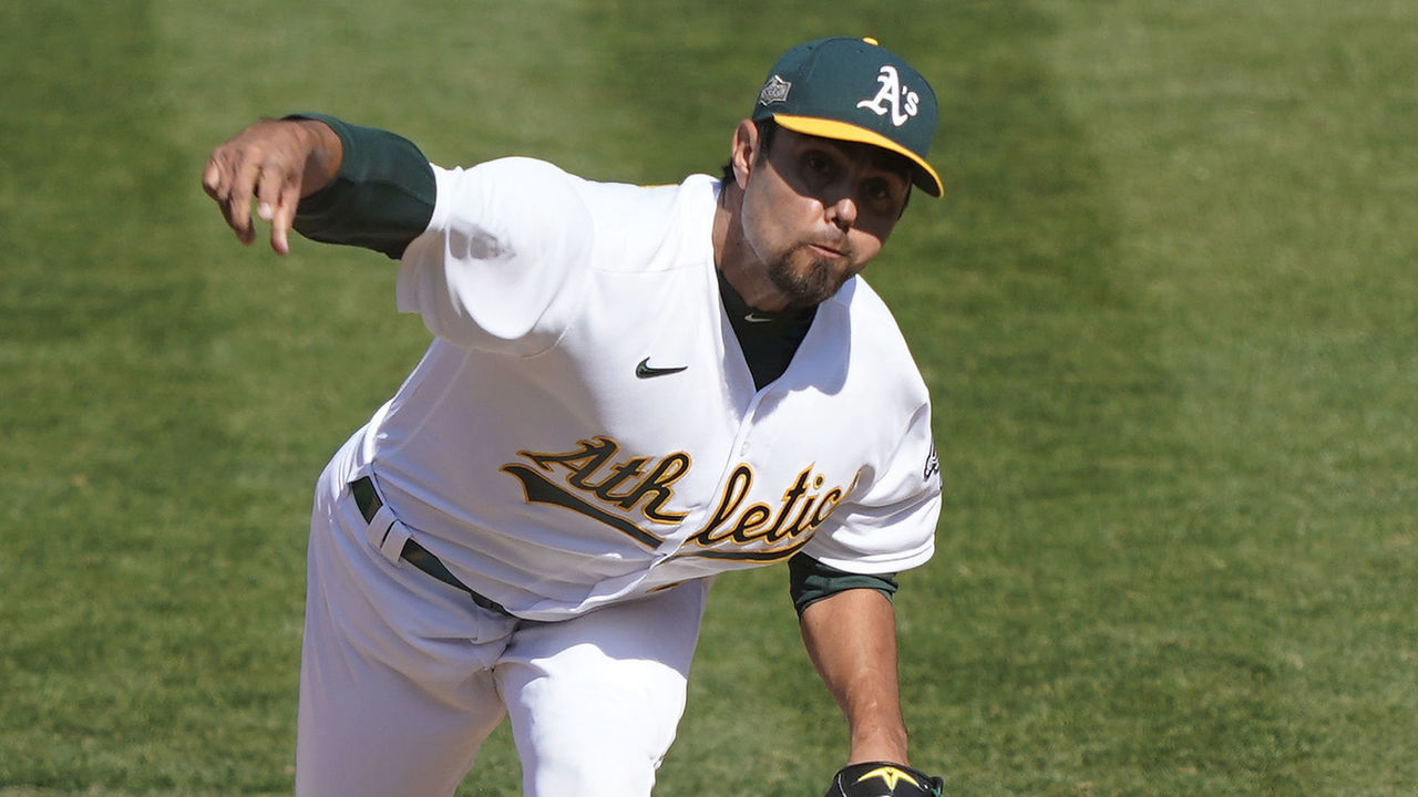 OAKLAND, CALIFORNIA - SEPTEMBER 29: Joakim Soria #48 of the Oakland Athletics pitches against the Chicago White Sox during the eighth inning of the Wild Card Round Game One at RingCentral Coliseum on September 29, 2020 in Oakland, California.