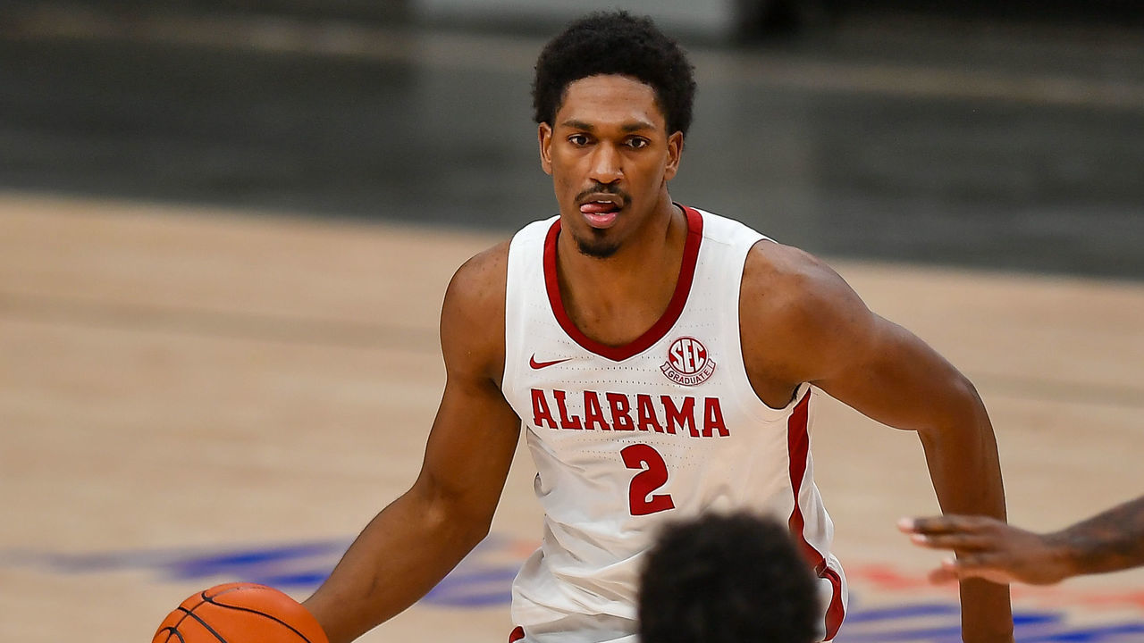 ATLANTA, GA DECEMBER 12: Alabama Crimson Tide forward Jordan Bruner (2) moves with the ball during the Holiday Hoopsgiving NCAA basketball game between the Clemson Tigers and the Alabama Crimson Tide on December 12th, 2020 at State Farm Arena in Atlanta, GA.