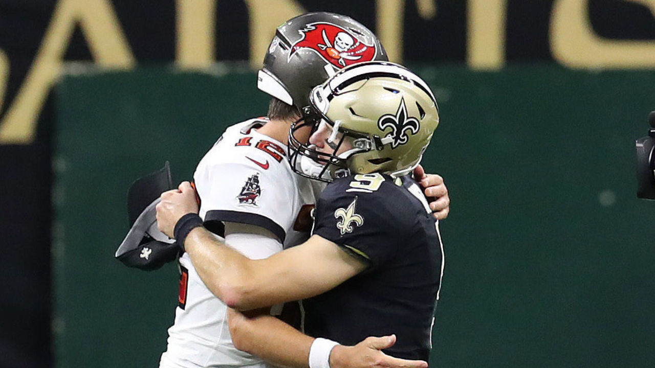 NEW ORLEANS, LOUISIANA - SEPTEMBER 13: Tom Brady #12 of the Tampa Bay Buccaneers hugs Drew Brees #9 of the New Orleans Saints following a game at the Mercedes-Benz Superdome on September 13, 2020 in New Orleans, Louisiana. Tampa Bay lost to New Orleans.