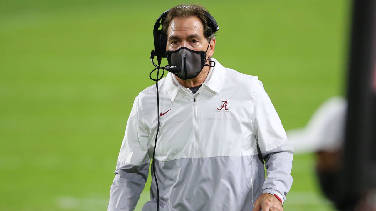 MIAMI GARDENS, FL - JANUARY 11: Alabama Crimson Tide head coach NIck Saban during the CFP National Championship game between the Alabama Crimson Tide and the Ohio State Buckeyes on January 11, 2021 at Hard Rock Stadium in Miami Gardens, Fl.