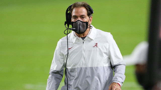 MIAMI GARDENS, FL - JANUARY 11: Alabama Crimson Tide head coach NIck Saban during the CFP National Championship game between the Alabama Crimson Tide and the Ohio State Buckeyes on January 11, 2021 at Hard Rock Stadium in Miami Gardens, Fl.
