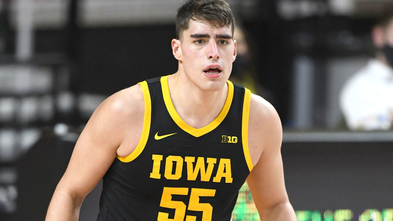 COLLEGE PARK, MD - JANUARY 07: Luka Garza #55 of the Iowa Hawkeyes looks on during a college basketball game against the Maryland Terrapins on January 7, 2021 at the XFinity Center in College Park, Maryland.