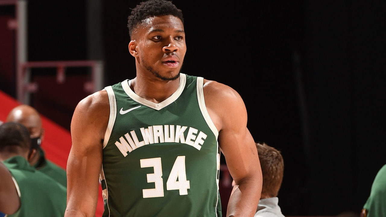 DETROIT, MI - JANUARY 13: Giannis Antetokounmpo #34 of the Milwaukee Bucks looks on, on January 13, 2021 at Little Caesars Arena in Detroit, Michigan. NOTE TO USER: User expressly acknowledges and agrees that, by downloading and/or using this photograph, User is consenting to the terms and conditions of the Getty Images License Agreement. Mandatory Copyright Notice: Copyright 2021 NBAE
