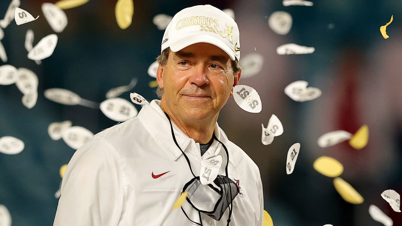 MIAMI GARDENS, FLORIDA - JANUARY 11: Head coach Nick Saban of the Alabama Crimson Tide looks on following the College Football Playoff National Championship game win over the Ohio State Buckeyes at Hard Rock Stadium on January 11, 2021 in Miami Gardens, Florida.