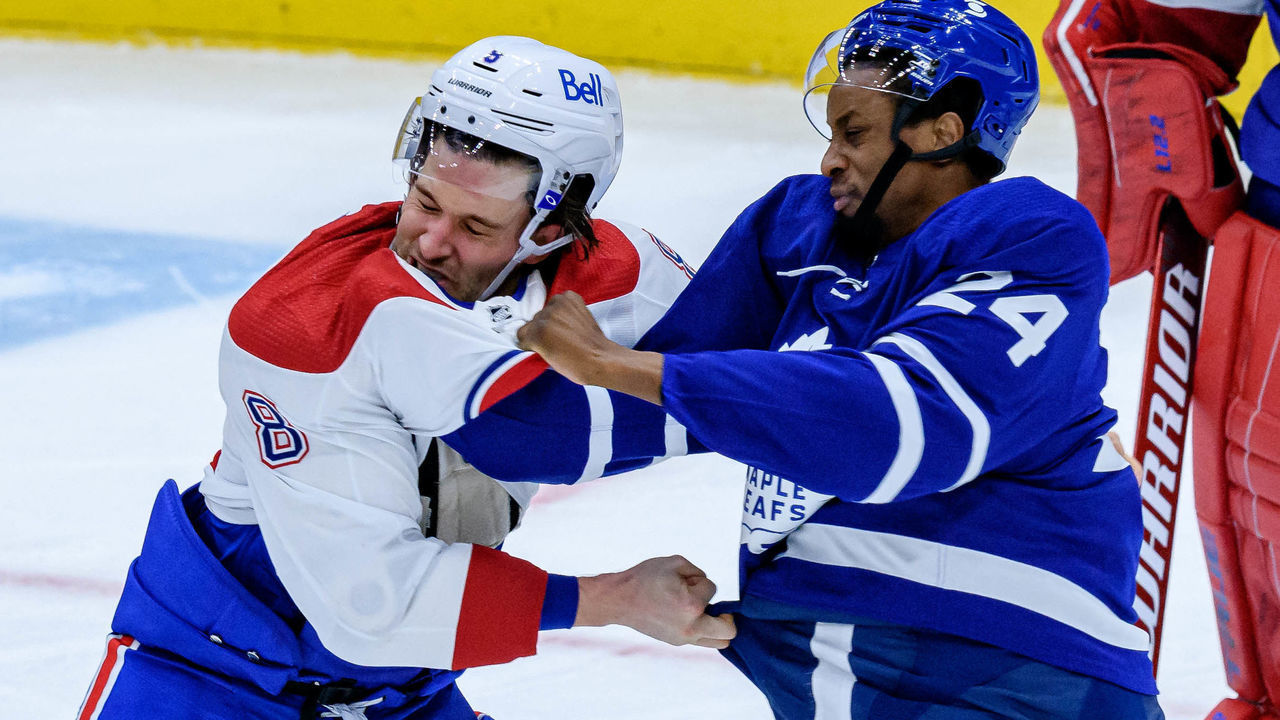 TORONTO, ON - JANUARY 13: Toronto Maple Leafs Right Wing Wayne Simmonds (24) fights Montreal Canadiens Defenceman Ben Chiarot (8) during the second period of the NHL regular season game between the Montreal Canadiens and the Toronto Maple Leafs on January 13, 2021, at Scotiabank Arena in Toronto, ON, Canada.