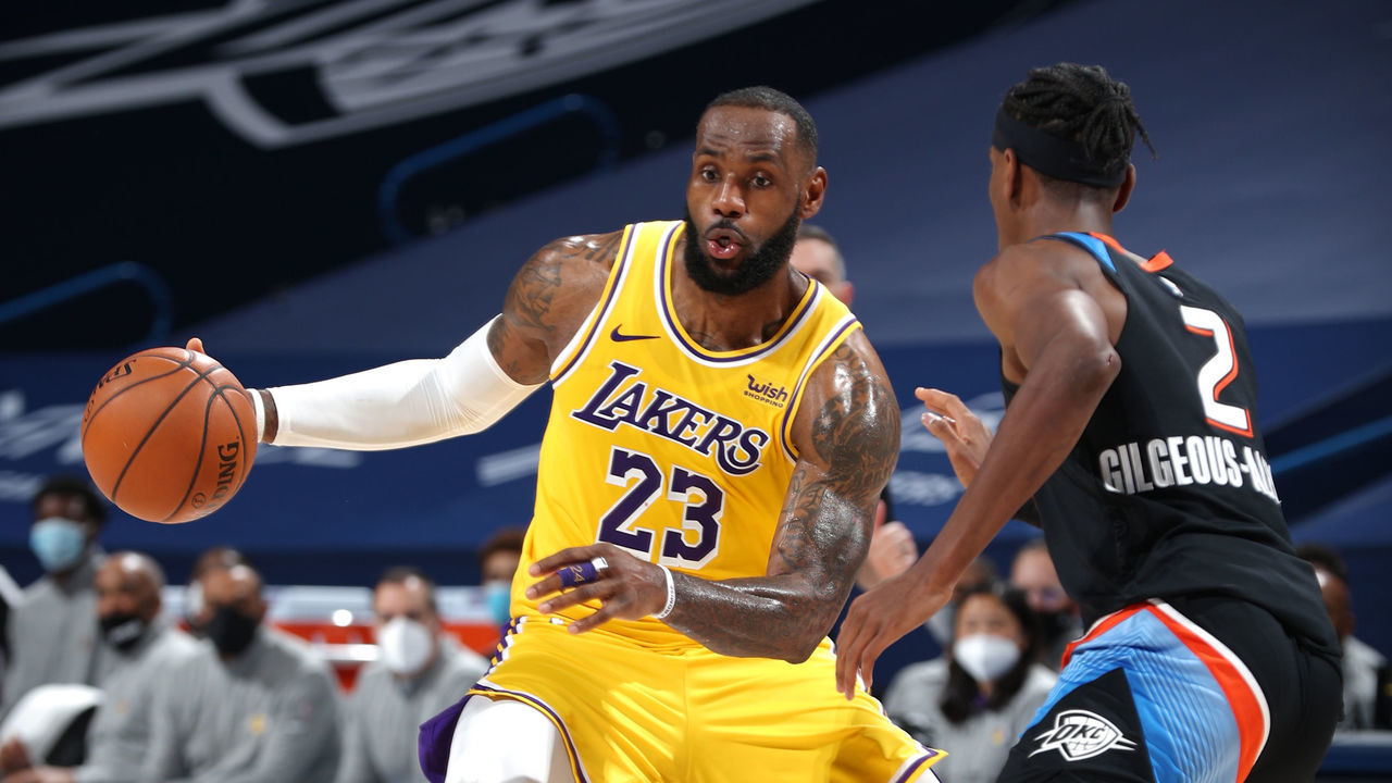 OKLAHOMA CITY, OK - JANUARY 13: LeBron James #23 of the Los Angeles Lakers handles the ball against the Oklahoma City Thunder on January 13, 2021 at Chesapeake Energy Arena in Oklahoma City, Oklahoma. Mandatory Copyright Notice: Copyright 2021 NBAE
