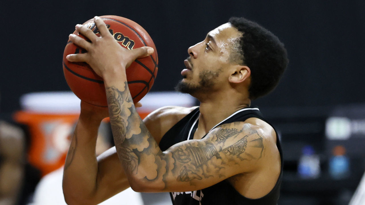 CHESTNUT HILL, MA - JANUARY 02: Louisville Cardinals guard Carlik Jones (1) eyes a free throw during a game between the Boston College Eagles and the Louisville Cardinals on January 2, 2021, at Conte Forum in Chestnut Hill, Massachusetts.