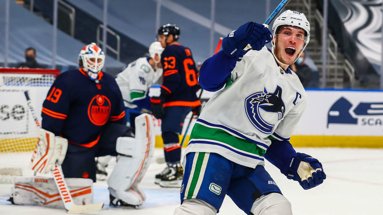 EDMONTON, AB - JANUARY 13: Vancouver Canucks Center Bo Horvat (53) celebrates the Canucks second goal of the game in the second period during the Edmonton Oilers game versus the Vancouver Canucks on January 13, 2021 at Rogers Place in Edmonton, AB.