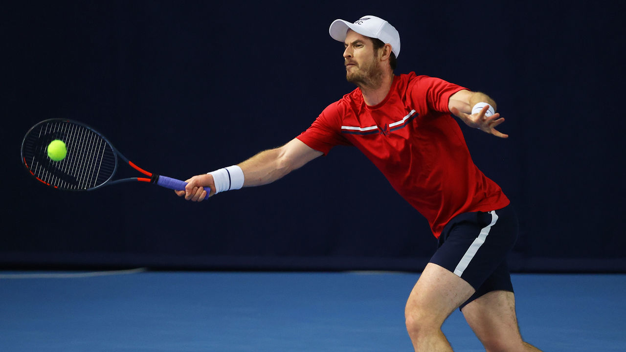 LONDON, ENGLAND - DECEMBER 22: Andy Murray plays a forehand shot during their round robin match against Cameron Norrie during Day Three of the Battle of the Brits Premier League of Tennis at the National Tennis Centre on December 22, 2020 in London, England.