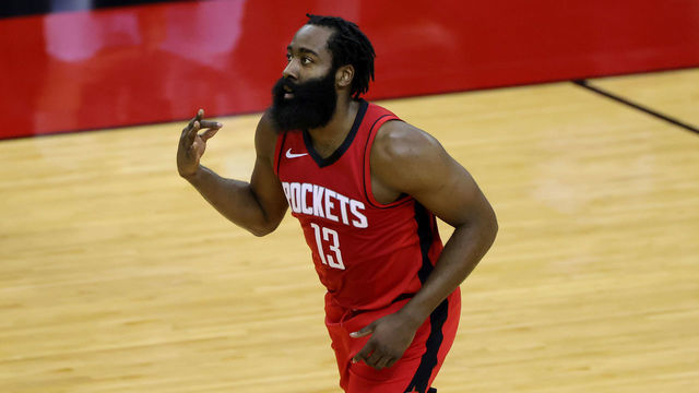HOUSTON, TEXAS - JANUARY 10: James Harden #13 of the Houston Rockets reacts to a basket during the first quarter of a game against the Los Angeles Lakers at Toyota Center on January 10, 2021 in Houston, Texas.