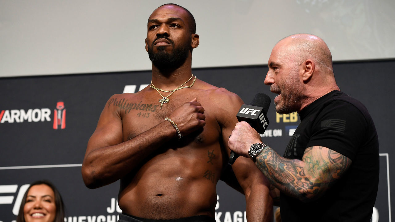 HOUSTON, TX - FEBRUARY 07: Jon Jones is interviewed by Joe Rogan during the UFC 247 ceremonial weigh-in at the Toyota Center on February 7, 2020 in Houston, Texas.