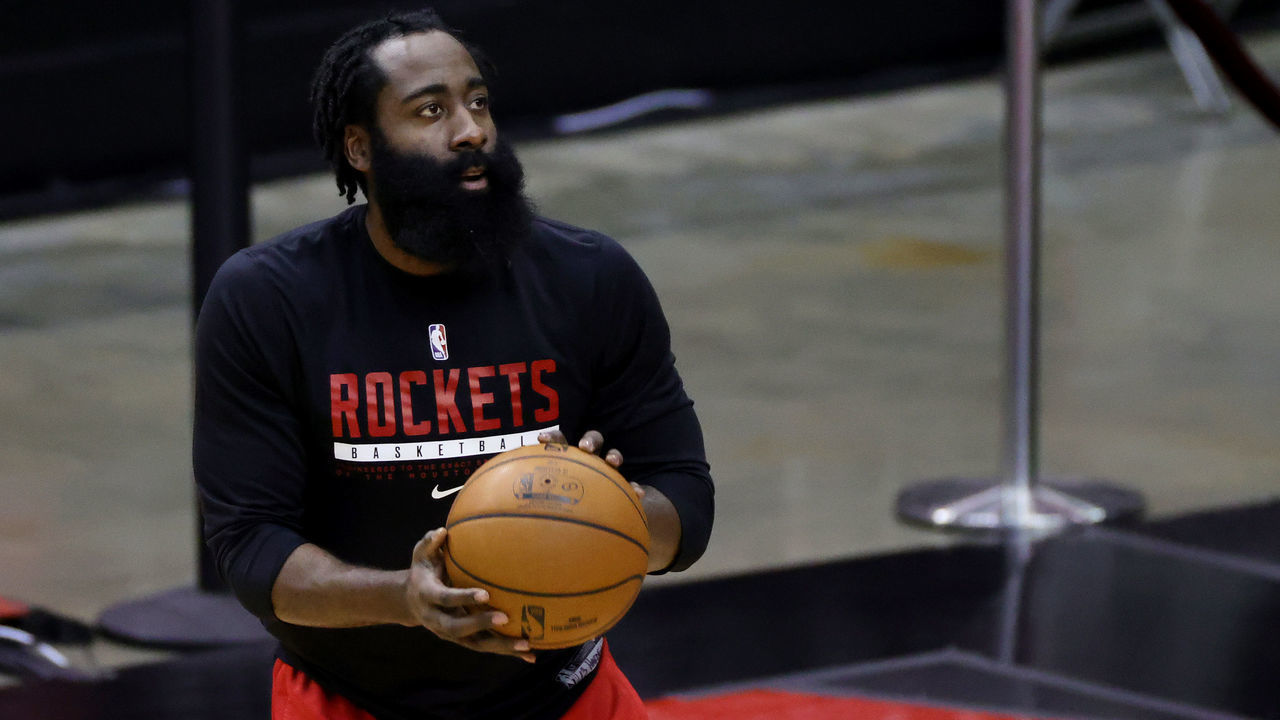 HOUSTON, TEXAS - JANUARY 10: James Harden #13 of the Houston Rockets warms up prior to facing the Los Angeles Lakers at Toyota Center on January 10, 2021 in Houston, Texas.
