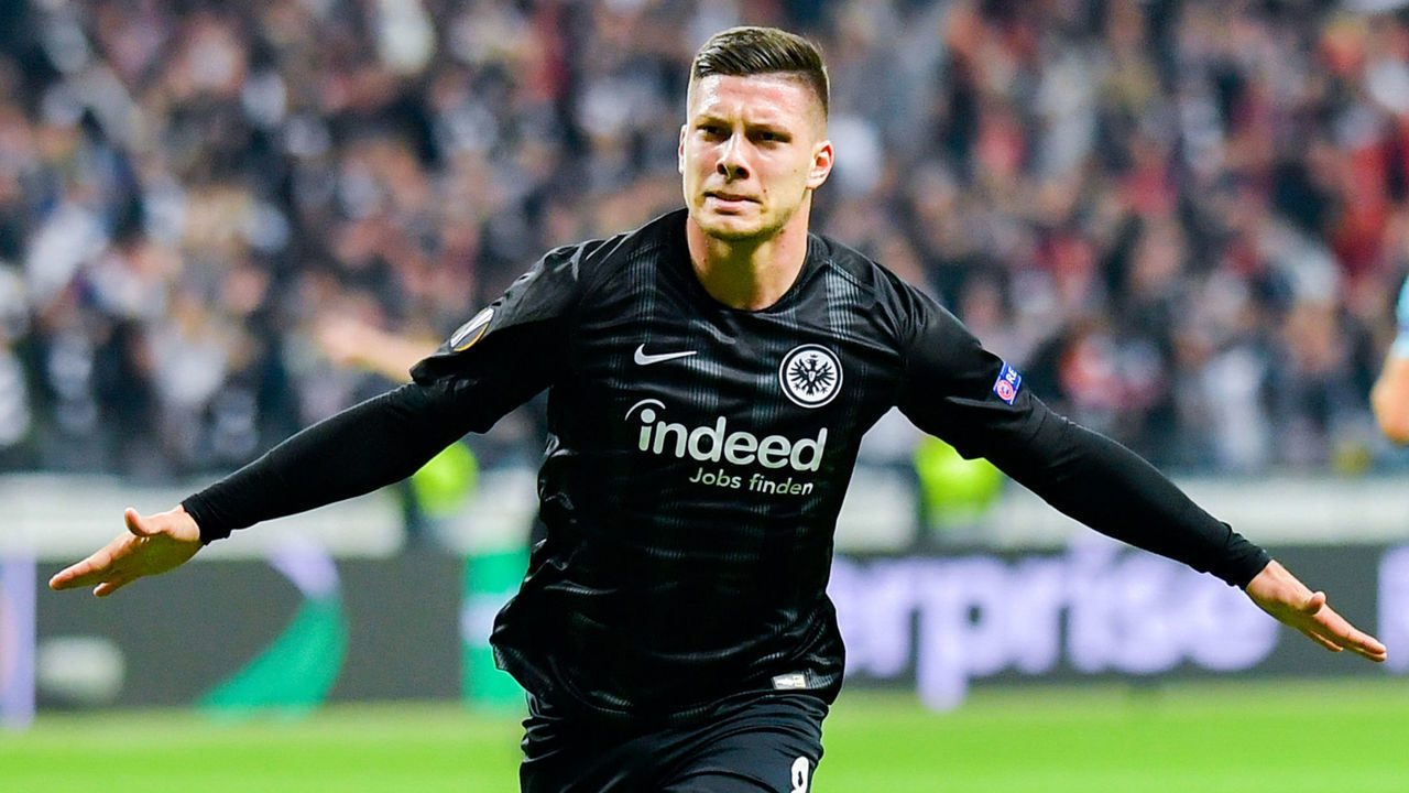 02 May 2019, Hessen, Frankfurt/Main: Soccer: Europa League, Eintracht Frankfurt - FC Chelsea, knockout round, semi-final, first leg in the Commerzbank Arena. Luka Jovic from Frankfurt cheers over the goal to 1:0. Photo: Uwe Anspach/dpa