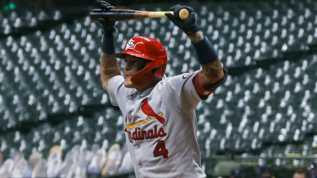 MILWAUKEE, WISCONSIN - SEPTEMBER 15: Yadier Molina #4 of the St. Louis Cardinals reacts after striking out in the fourth inning against the Milwaukee Brewers at Miller Park on September 15, 2020 in Milwaukee, Wisconsin.