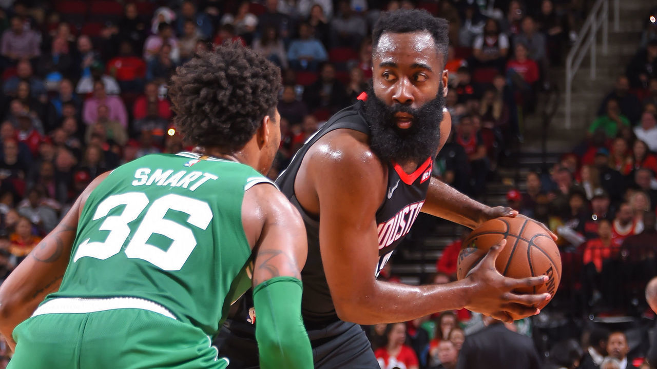 HOUSTON, TX - FEBRUARY 11: James Harden #13 of the Houston Rockets handles the ball against the Boston Celtics on February 11, 2020 at the Toyota Center in Houston, Texas. Mandatory Copyright Notice: Copyright 2020 NBAE