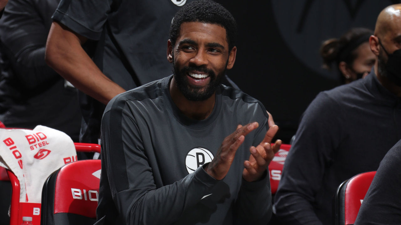 BROOKLYN, NY - JANUARY 5: Kyrie Irving #11 of the Brooklyn Nets smiles during the game against the Utah Jazz on January 5, 2021 at Barclays Center in Brooklyn, New York. Mandatory Copyright Notice: Copyright 2021 NBAE