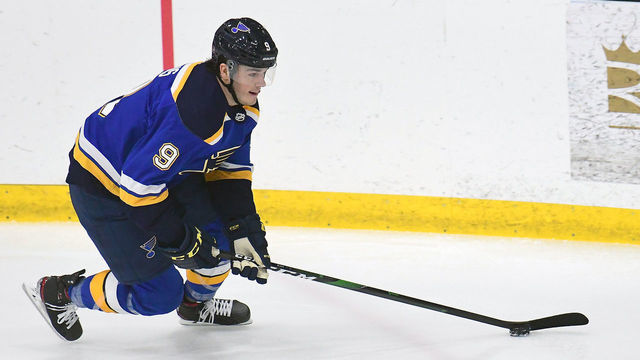 ST. LOUIS, MO - JANUARY 06: St. Louis Blues left wing Sammy Blais (9) with the puck during a St. Louis Blues team scrimmage on January 06, 2021, at Centene Community Ice Center, Maryland Heights, Mo.