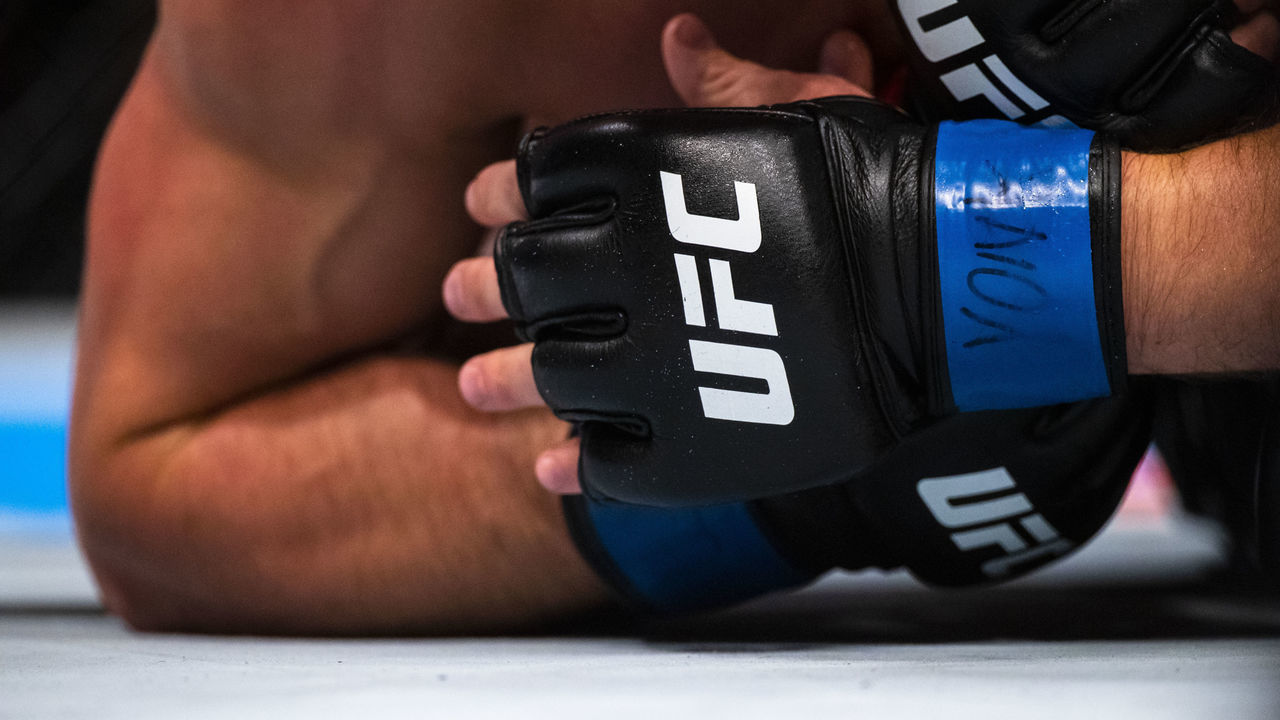 ROCHESTER, NY - MAY 18: Detail view of UFC fighting gloves worn by Antonio Carlos Junior and Ian Heinisch during a middleweight bout at Blue Cross Arena on May 18, 2019 in Rochester, New York. Heinisch defeats Carlos Junior by unanimous decision.
