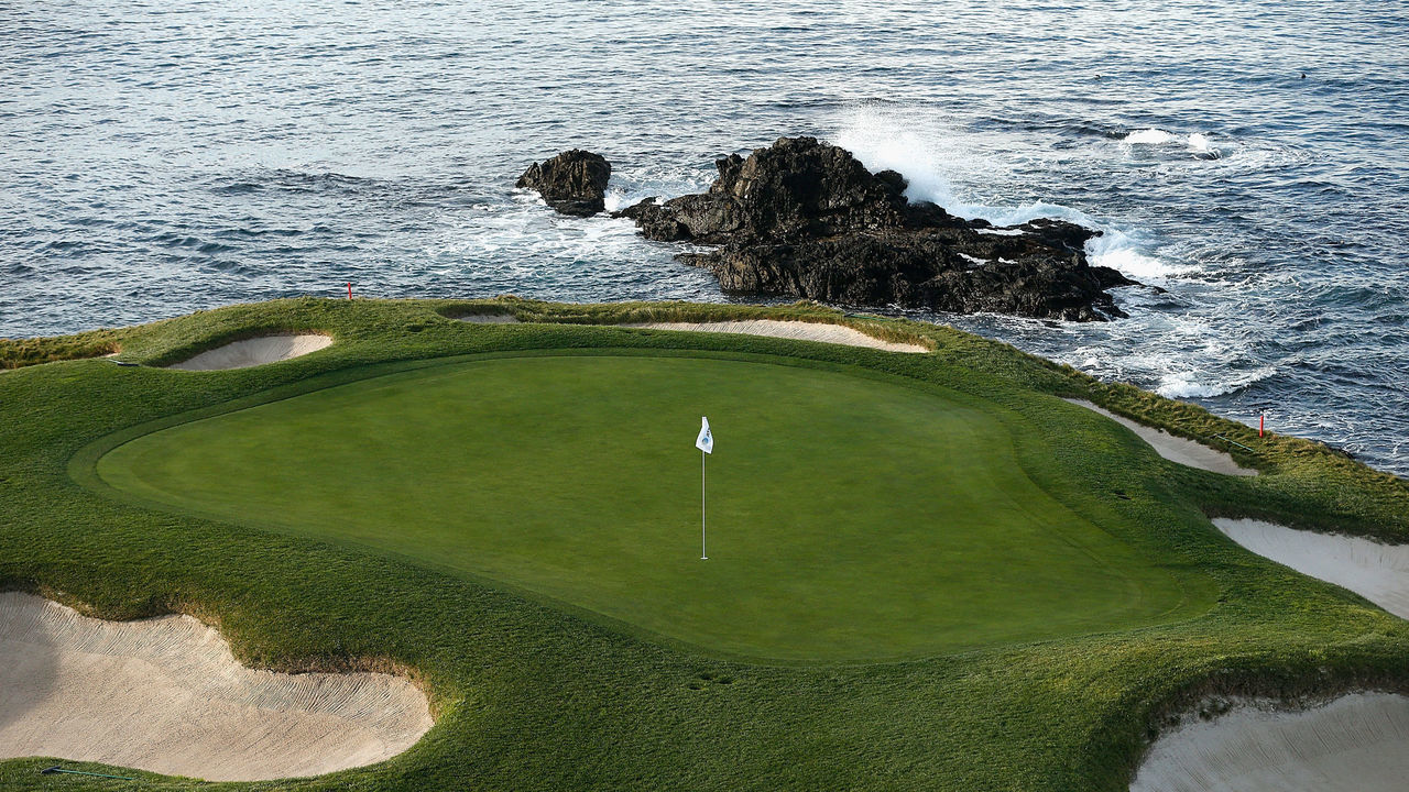 PEBBLE BEACH, CALIFORNIA - FEBRUARY 05: A general view of the seventh green at Pebble Beach Golf Links during a practice round prior to the AT&T Pebble Beach Pro-Am at Pebble Beach Golf Links on February 05, 2020 in Pebble Beach, California.