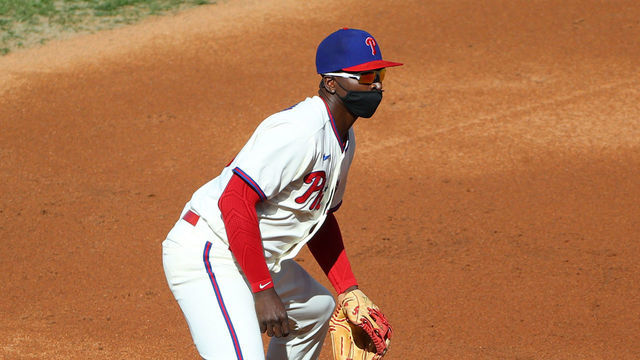 PHILADELPHIA, PA - SEPTEMBER 20: Philadelphia Phillies shortstop Didi Gregorius (18) during the Major League Baseball game between the Philadelphia Phillies and the Toronto Blue Jays on September 20, 2020 at Citizens Bank Park in Philadelphia, PA.