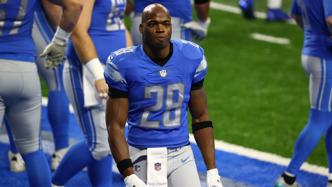 DETROIT, MI - JANUARY 03: Adrian Peterson #28 of the Detroit Lions walks off the field before a game against the Minnesota Vikings at Ford Field on January 3, 2021 in Detroit, Michigan.