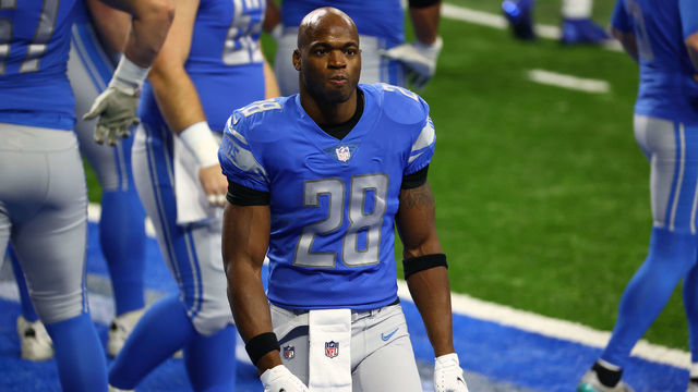 DETROIT, MI - JANUARY 03: Adrian Peterson #28 of the Detroit Lions walks off the field before a game against the Minnesota Vikings at Ford Field on January 3, 2021 in Detroit, Michigan.