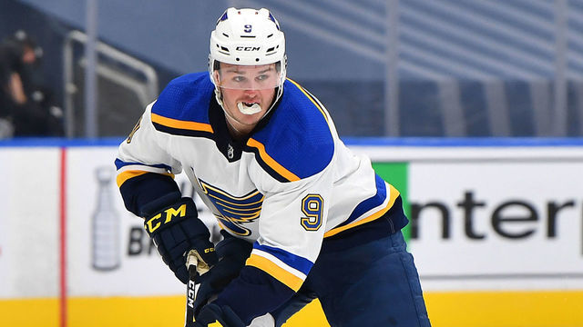 EDMONTON, ALBERTA - JULY 29: Sammy Blais #9 of the St. Louis Blues skates in the second period of an exhibition game against the Chicago Blackhawks prior to the 2020 NHL Stanley Cup Playoffs at Rogers Place on July 29, 2020 in Edmonton, Alberta.