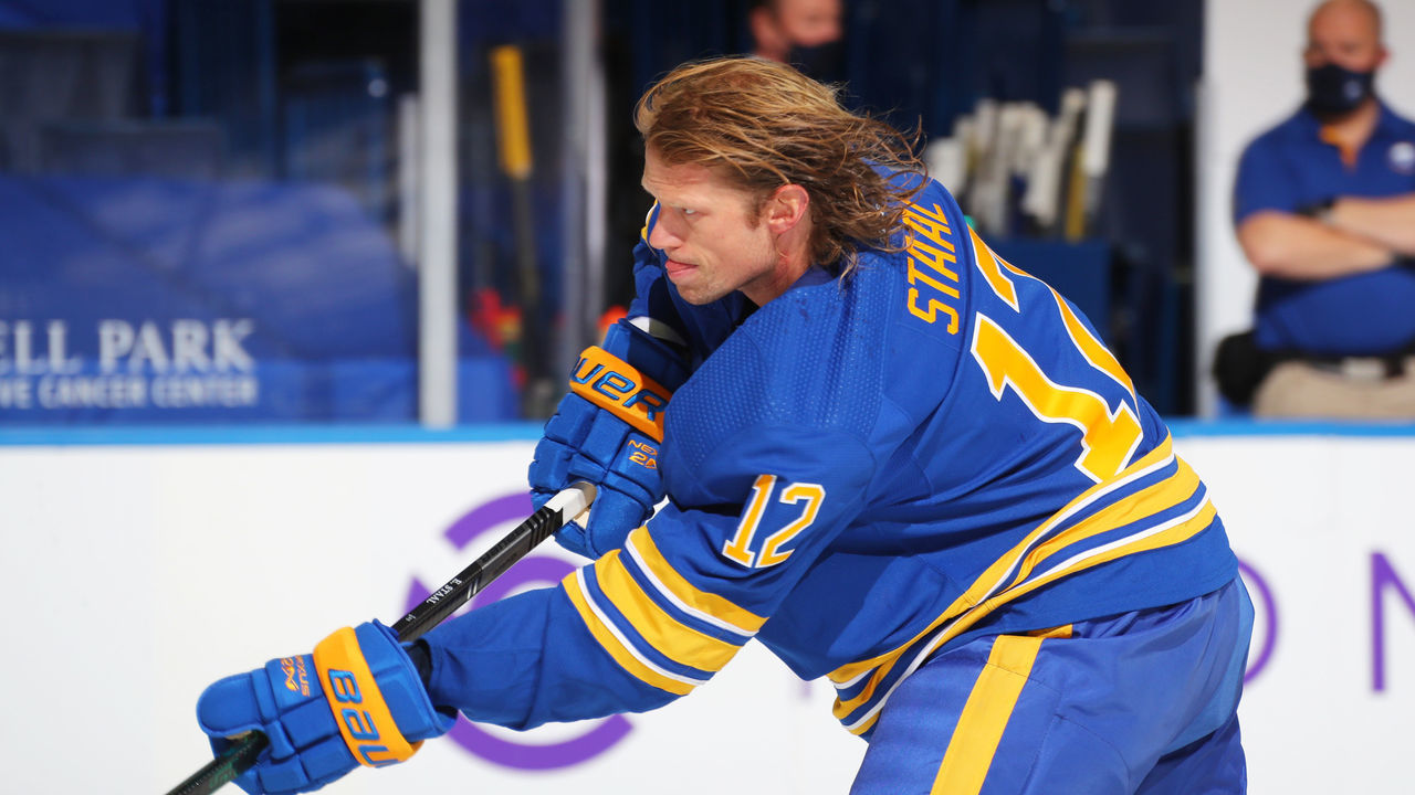 BUFFALO, NY - JANUARY 14: Eric Staal #12 of the Buffalo Sabres skates before an NHL game against the Washington Capitals on January 14, 2021 at KeyBank Center in Buffalo, New York.