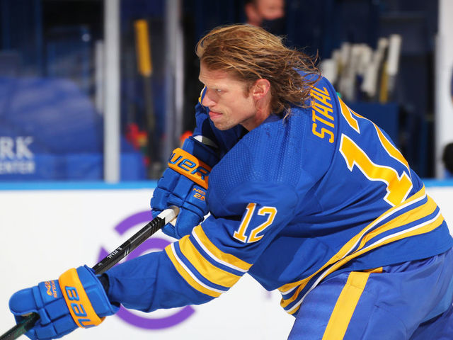 BUFFALO, NY - JANUARY 14: Eric Staal #12 of the Buffalo Sabres skates before an NHL game against the Washington Capitals on January 14, 2021 at KeyBank Center in Buffalo, New York.