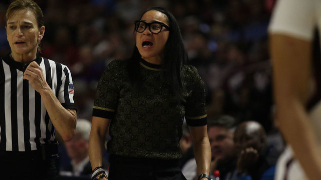 GREENVILLE, SC - MARCH 08: Dawn Staley head coach of South Carolina during the SEC Championship Women's college basketball game between the Mississippi State Bulldogs and the South Carolina Gamecocks on March 8, 2020, at Bon Secours Wellness Arena in Greenville, S.C.