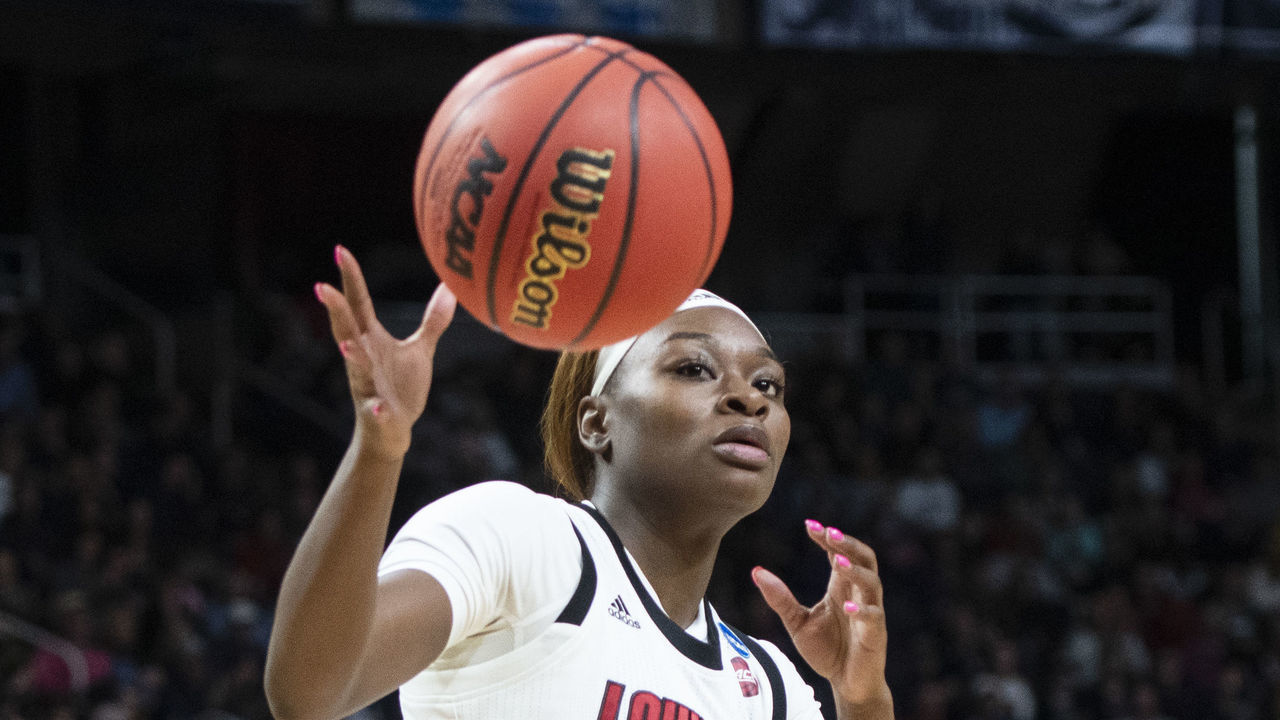 ALBANY, NY - MARCH 31: Louisville Cardinals Guard Dana Evans (1) receives an inbound pass during the first half of the game between the Connecticut Huskies and the Louisville Cardinals on March 31, 2019, at the Times Union Center in Albany NY.