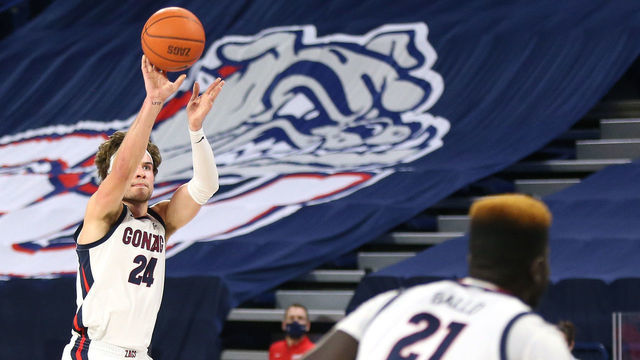 SPOKANE, WASHINGTON - JANUARY 14: Corey Kispert #24 of the Gonzaga Bulldogs attempts to score a goal against the Pepperdine Waves in the first half at McCarthey Athletic Center on January 14, 2021 in Spokane, Washington.