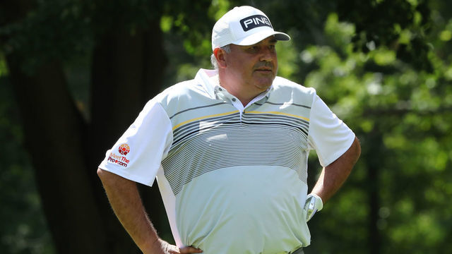 GRAND BLANC, MI - JULY 31: Angel Cabrera of Argentina reacts to his shot from the eighth tee during the first round of the Ally Challenge presented by McLaren at Warwick Hills Golf & Country Club on July 31, 2020 in Grand Blanc, Michigan.