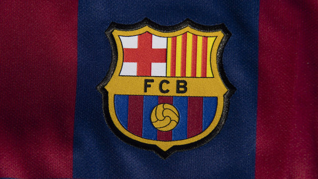 WHICHFORD, ENGLAND - MAY 04: Barcelona Club crest on their Nike 2019-20 home shirt on May 4, 2020 in Warwickshire, UK.