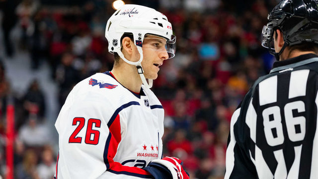 OTTAWA, ON - JANUARY 31: Washington Capitals Center Nic Dowd (26) talks to a linesman before a face-off during second period National Hockey League action between the Washington Capitals and Ottawa Senators on January 31, 2020, at Canadian Tire Centre in Ottawa, ON, Canada.