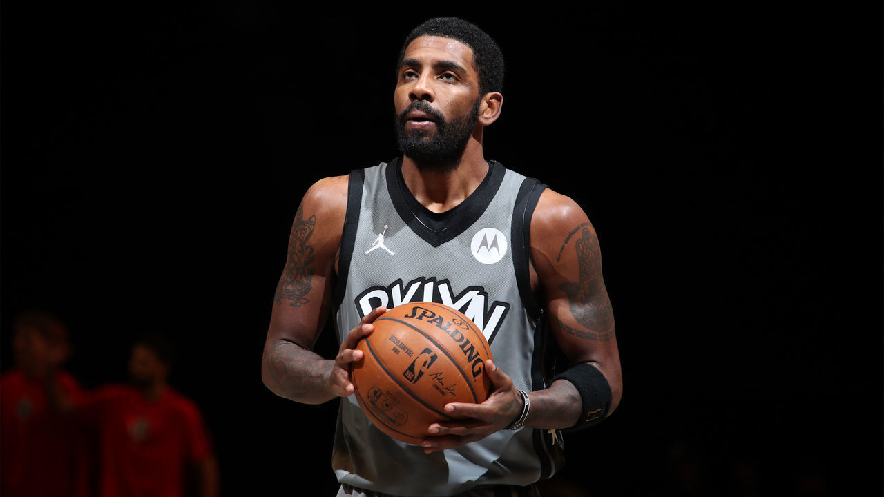 BROOKLYN, NY - JANUARY 3: Kyrie Irving #11 of the Brooklyn Nets looks on during the game against the Washington Wizards on January 3, 2021 at Barclays Center in Brooklyn, New York. Mandatory Copyright Notice: Copyright 2021 NBAE