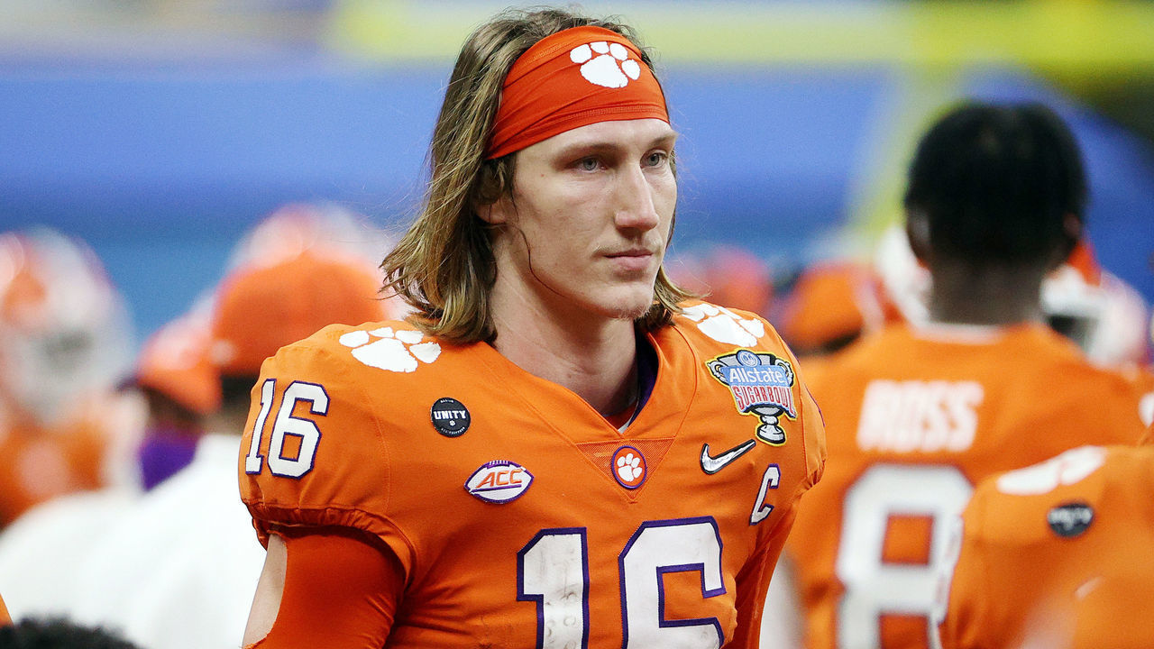 NEW ORLEANS, LOUISIANA - JANUARY 01: Trevor Lawrence #16 of the Clemson Tigers looks on in the second half against the Ohio State Buckeyes during the College Football Playoff semifinal game at the Allstate Sugar Bowl at Mercedes-Benz Superdome on January 01, 2021 in New Orleans, Louisiana.
