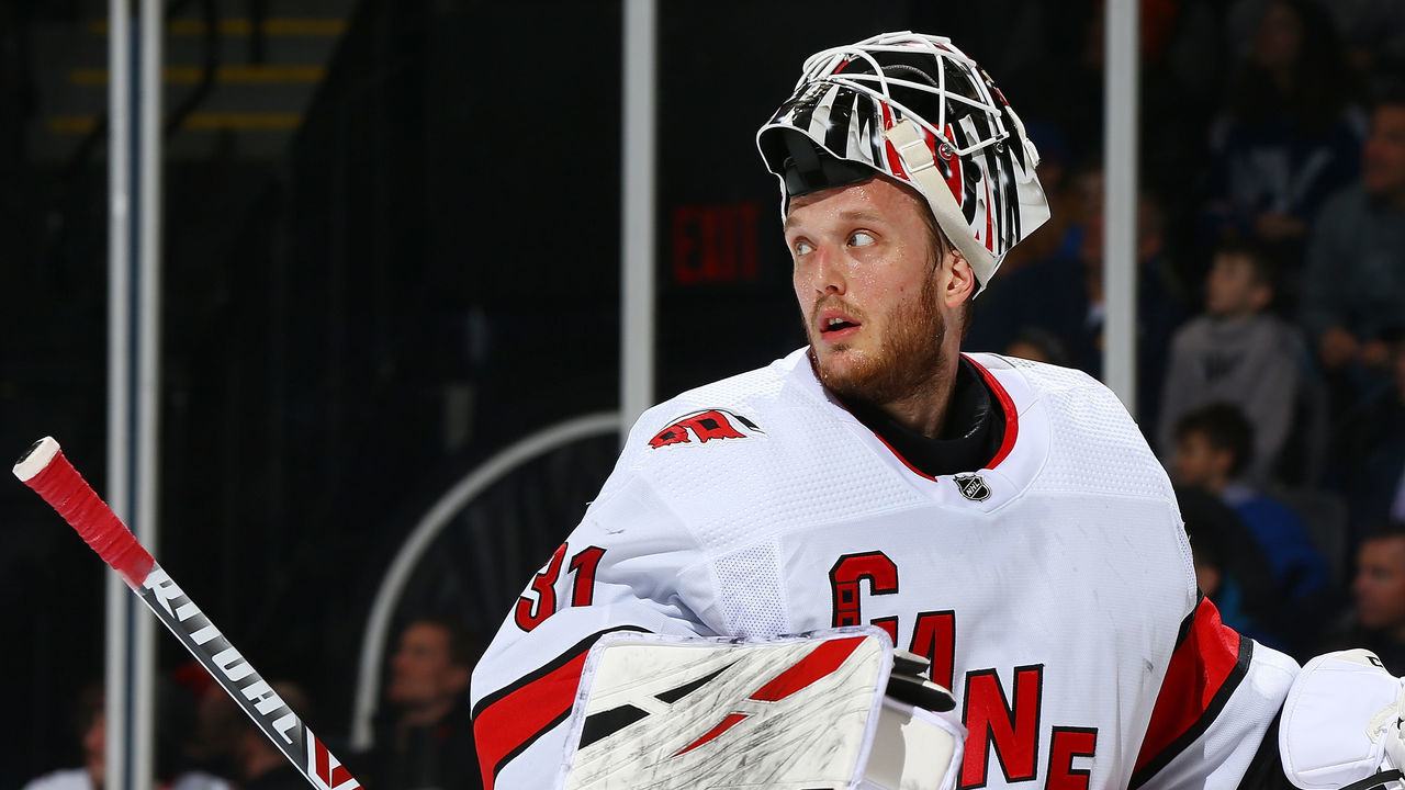 UNIONDALE, NEW YORK - MARCH 07: Anton Forsberg #31 of the Carolina Hurricanes skates against the New York Islanders at NYCB Live's Nassau Coliseum on March 07, 2020 in Uniondale, New York. Carolina Hurricanes defeated the New York Islanders 3-2 in OT.