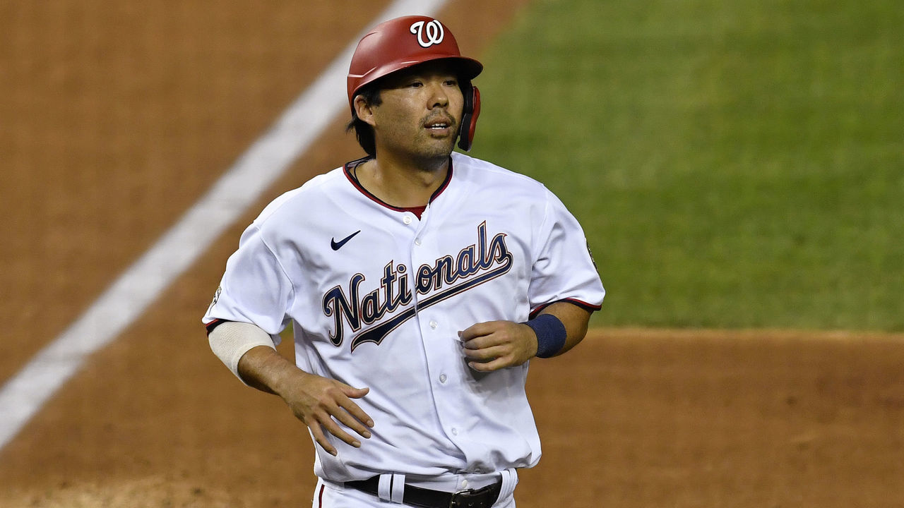 WASHINGTON, DC - SEPTEMBER 24: Washington Nationals catcher Kurt Suzuki (28) scores a run during the New York Mets versus Washington Nationals game at Nationals Park on September 24, 2020 in Washington, D.C..