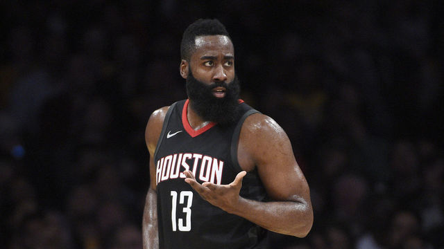 LOS ANGELES, CA - DECEMBER 3: James Harden #13 of the Houston Rockets complains to referee Marat Kogut #32 during the second half against Los Angeles Lakers at Staples Center December 3, 2017, in Los Angeles, California.