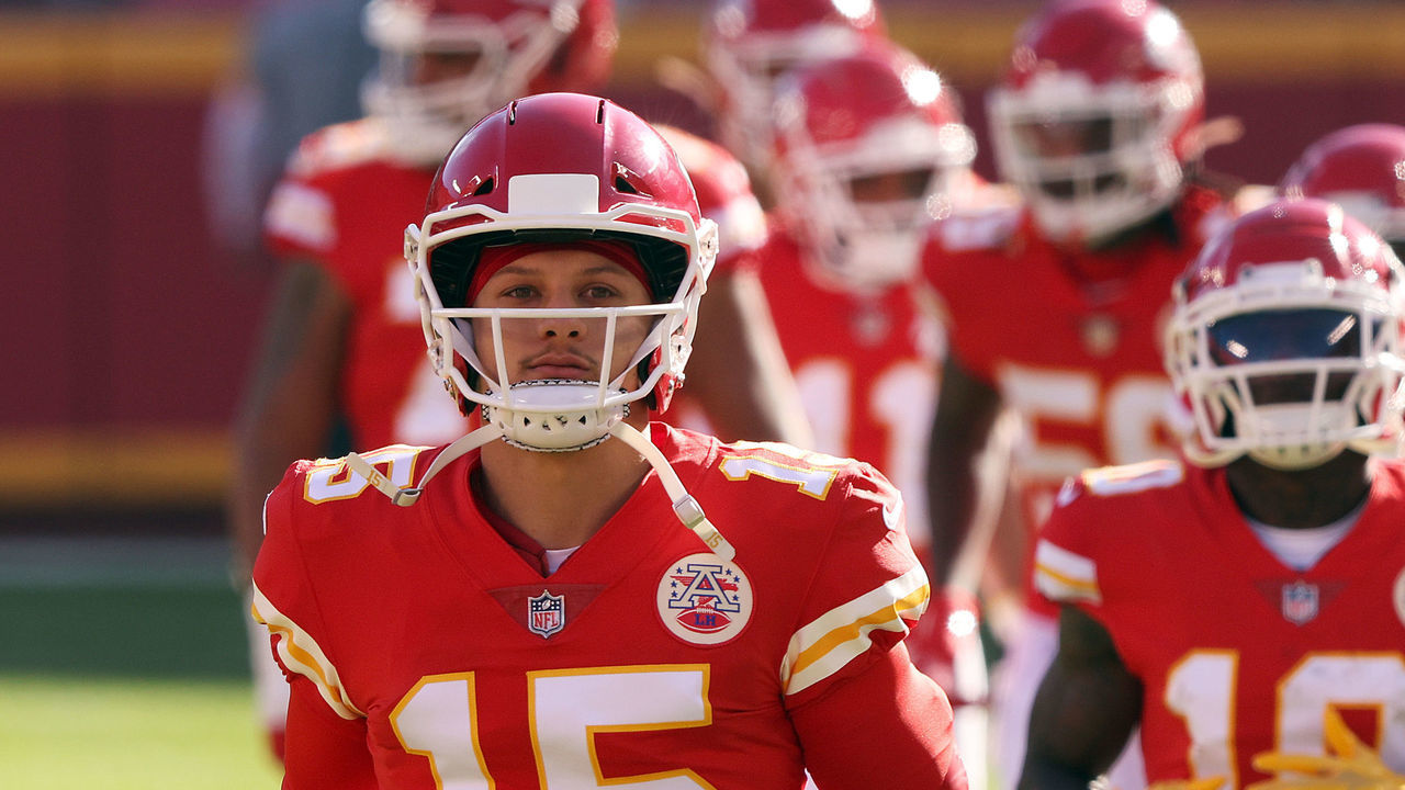 KANSAS CITY, MISSOURI - DECEMBER 27: Quarterback Patrick Mahomes #15 of the Kansas City Chiefs leads players onto the field prior to the game against the Atlanta Falcons at Arrowhead Stadium on December 27, 2020 in Kansas City, Missouri.