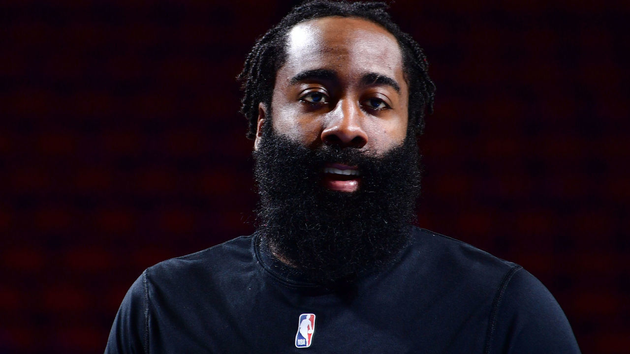 HOUSTON, TX - DECEMBER 31: James Harden #13 of the Houston Rockets looks on prior to a game against the Sacramento Kings on December 31, 2020 at the Toyota Center in Houston, Texas. Mandatory Copyright Notice: Copyright 2020 NBAE