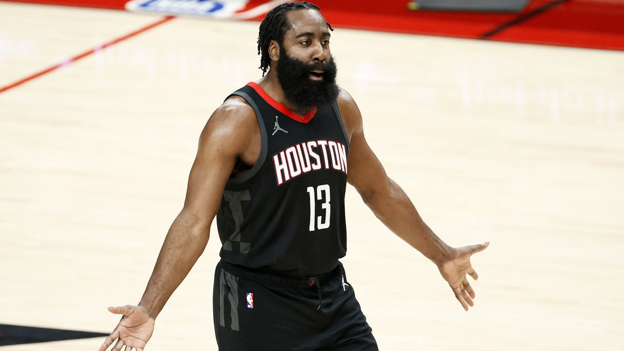 PORTLAND, OREGON - DECEMBER 26: James Harden #13 of the Houston Rockets reacts toward the referee during the first quarter against the Portland Trail Blazers at Moda Center on December 26, 2020 in Portland, Oregon. NOTE TO USER: User expressly acknowledges and agrees that, by downloading and/or using this photograph, user is consenting to the terms and conditions of the Getty Images License Agreement.