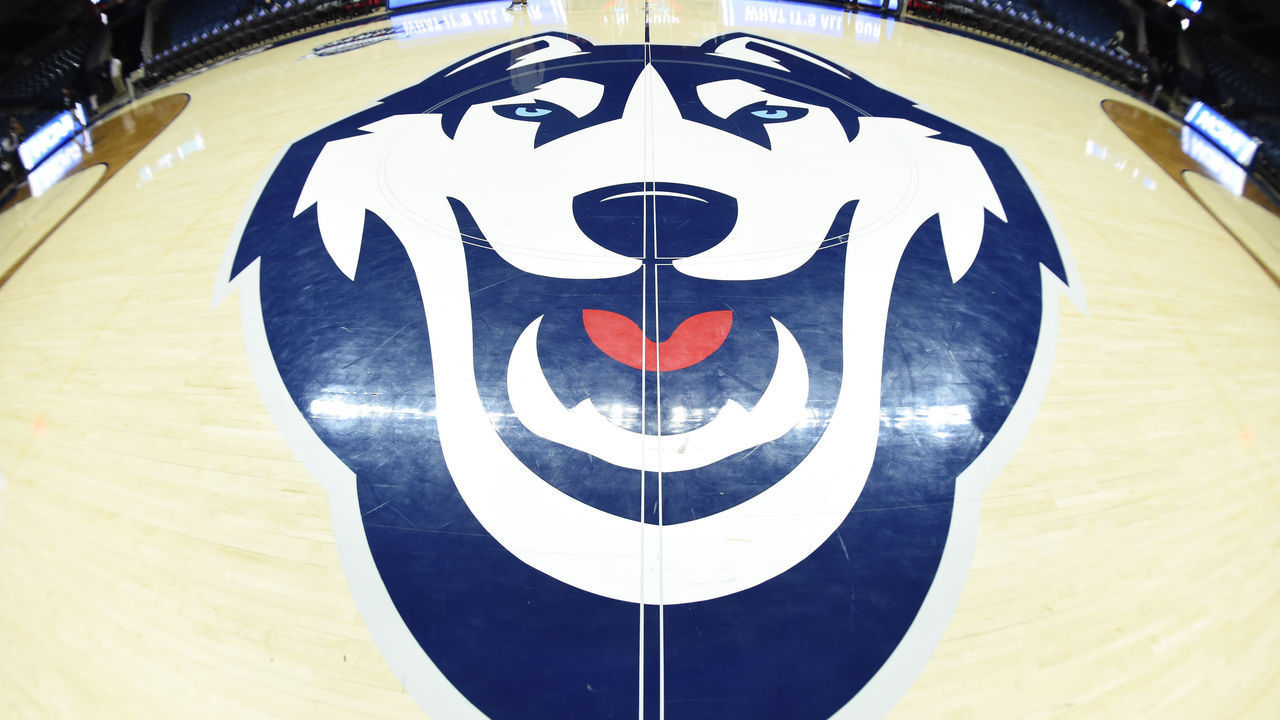 STORRS, CT - MARCH 22: The UConn Huskies logo on the court before the game as the Buffalo Bulls take on the Rutgers Scarlet Knights on March 22, 2019 at the Gampel Pavilion in Storrs, Connecticut.