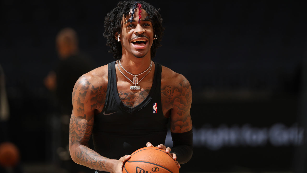 MEMPHIS, TN - JANUARY 3: Ja Morant #12 of the Memphis Grizzlies smiles before the game against the Los Angeles Lakers on January 3, 2021 at FedExForum in Memphis, Tennessee. Mandatory Copyright Notice: Copyright 2021 NBAE